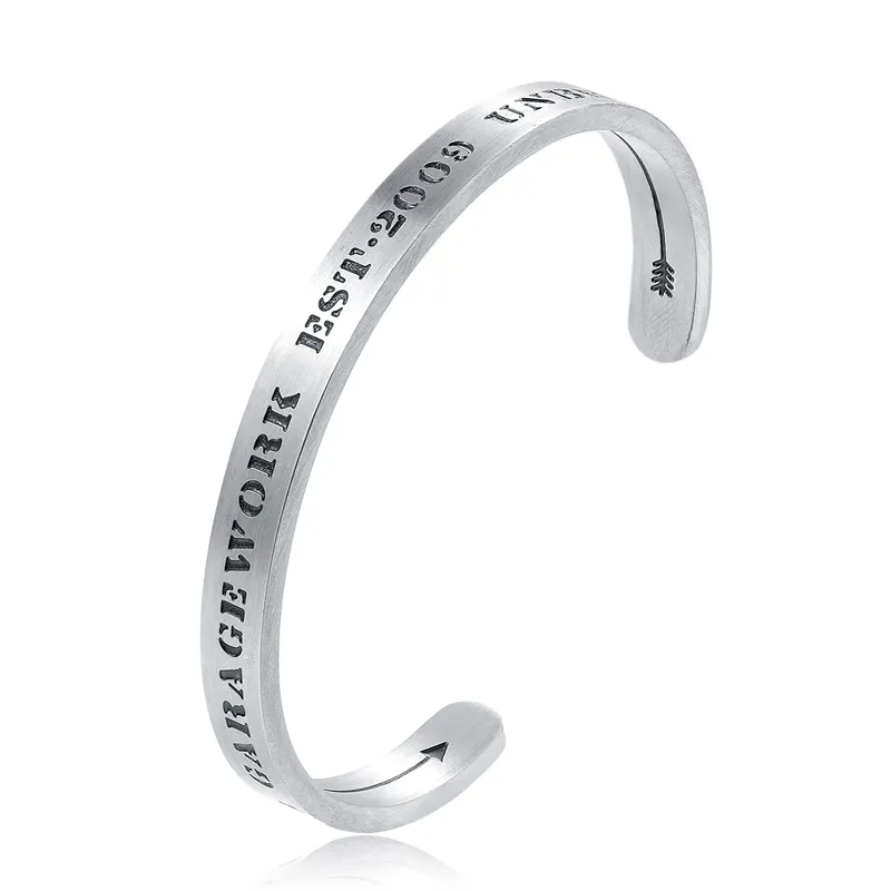 trendy minimalist bracelet stainless steel engraved custom statement silver cuff bracelet bangle for men women jewelry