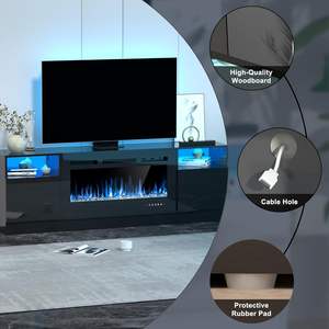 Built-In <strong>Electric</strong> Fireplace Entertainment Center <strong>TV</strong> Cabinet Media Console with Wooden and Glass <strong>Stand</strong> for Living Room - Product Image 3