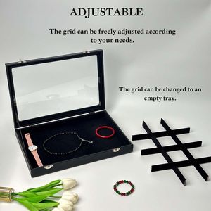 Scatola di lusso nero espositore gioielli in pelle PU con coperchio in vetro rettangolare vassoio custodia organizer supporto per gioielli - Product Image 3