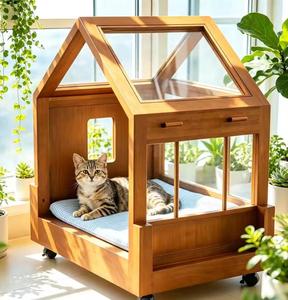 Multi-Functional Wooden Pet <b>House</b> <b>Bed</b> Movable Enclosed Dog Cat Shelter with Transparent Roof & Cushion Modern Pet Furniture fo - Product Image 1