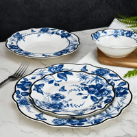 Ensemble de 24 assiettes à dîner en céramique élégante, motif floral oriental bleu, vaisselle élégante pour usage personnel