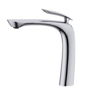 Robinet <span class=keywords><strong>de</strong></span> comptoir haut en laiton massif et alliage <span class=keywords><strong>de</strong></span> zinc, finition chrome poli, avec bec courbé épuré, poignée à <span class=keywords><strong>lame</strong></span> plate et cartouche céramique - Product Image 1