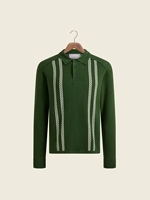 Pull Polo en Tricot Vert pour Homme Printemps-Été, Coton, Manches Longues, Trois Boutons, Patte de Boutonnage Verticale, Détail Rayé, OEM