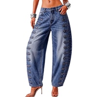 Jean taille haute pour femme 2026, coupe large et décontractée, avec plusieurs boutons latéraux, en denim délavé, style urbain, pantalon long