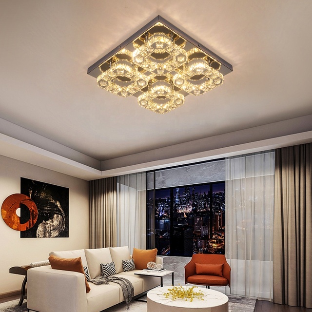 Modern Remote Control Stainless Steel Chrome Crystal LED Ceiling Light Fixture with High CRI 90 for Living Room Home Apartment