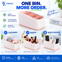 Organisateur de bureau minimaliste blanc et rose en plastique avec 3 compartiments, boîte de rangement de bureau mignonne