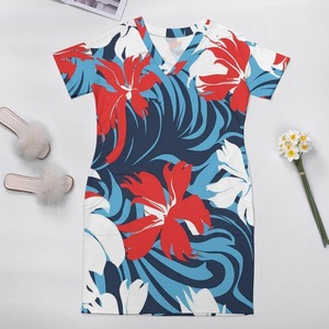 Zomerjurken Voor Vrouwen Plus Size 2024 Sexy Bodycon V-Hals Hawaiian Bloemencocktail Jurk Met Korte Mouwen En Zakken