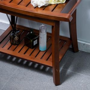 Tabouret de salle de bain en bambou HC 33x60.4x46.8 cm avec étagère de rangement, banc de douche marron - Product Image 1