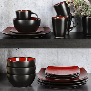 Juego de Vajilla de 16 Piezas, Platos Cuadrados, Color Negro Mate y Rojo, Liquidación - Product Image 4