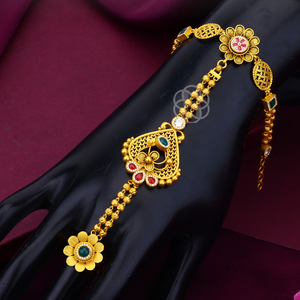 Elegant gold hathphool hand chain with intricate floral patterns and colorful <b>stones</b> perfect for festive wear bridal styling and - Product Image 3