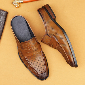 Brightly Colored Men's <b>Summer</b> Leather Penny Loafer Casual Outdoor Leather Half <b>Slippers</b> Breathable Cool Horsebit Loafers Male - Product Image 5
