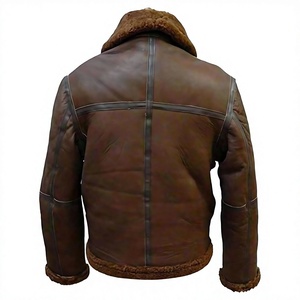 Brown Woolen Sheepskin <b>Shearling</b> <b>Bomber</b> <b>Jacket</b> Genuine Leather Men Winter Windproof Hooded Stand Collar Animal Zipper Outerwear - Product Image 2