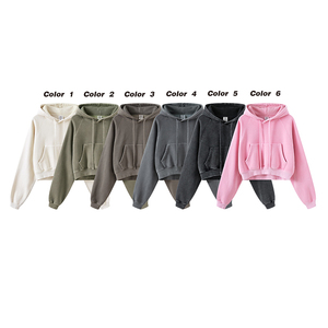Haut de gamme Automne/Hiver Europe et États-<span class=keywords><strong>Unis</strong></span> – Sweat à capuche court vintage délavé et molletonné pour femme, style tendance - Product Image 4