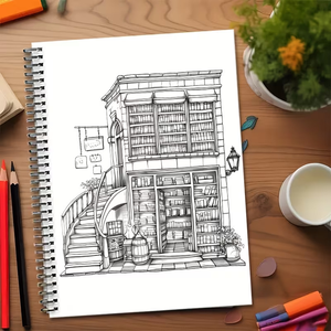 Livre de coloriage pour adultes sur l'architecture des devantures de librairies, 24 pages, illustration détaillée, cadeau de relaxation - Product Image 2