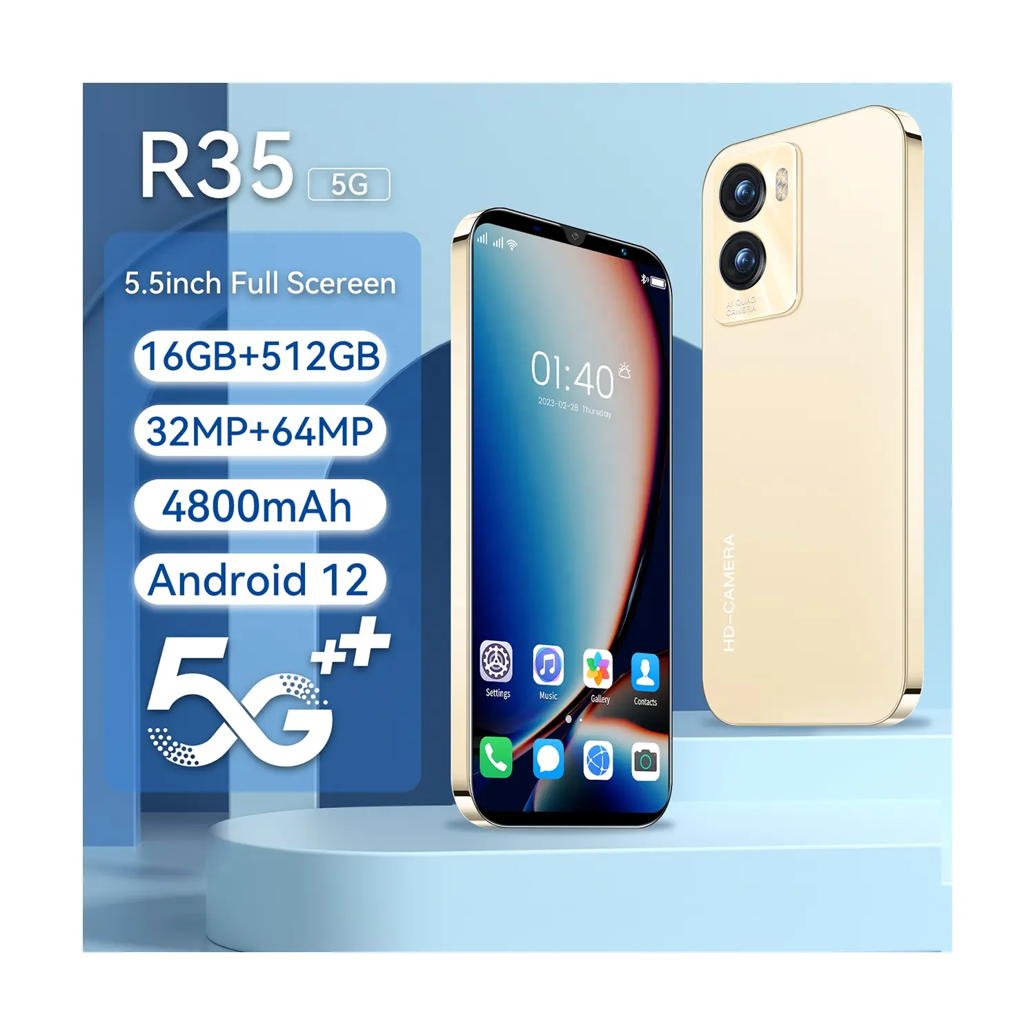 2024 dernière version R35 5.5 pouces plein écran smartphone 5G double carte double veille 16 Go + 512 Go reconnaissance faciale empreinte digitale