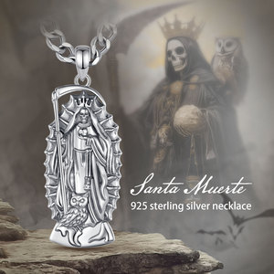 Merryshine 925 Sterling Silver Pulsera De <span class=keywords><strong>La</strong></span> Patron Amulette Médaille Saint Santa Muerte Jésus Crâne Charme Pendentif Collier pour Hommes - Product Image 6