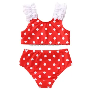 2023 Boutique Baby Girls Swimwear Cute Style Dot Heart Print Wrinkle Shoulder Strap Kids Girls Bikini Sets