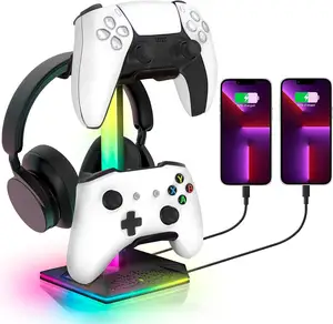 RGB Game Controller Stand Universal Game Accessories Headphone Holder with 2 USB Charging Headset Gamepad Stand for PS5 Switch