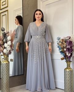 女性阿巴亚斯伊斯兰时尚实心钻石穆斯林女装长袖束带开斋节连衣裙摩洛哥卡夫坦女装 - Product Image 3