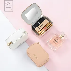 Kotak Kemasan Lipstik Kulit Portabel Mini, Kotak Tas Makeup dengan Cermin
