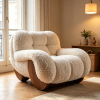 Fauteuil à bascule en tissu Teddy, fauteuil simple design Boucle, base en bois massif, fauteuil d'appoint pour salon