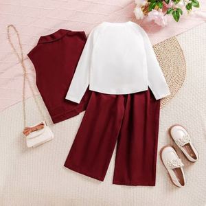 Conjunto <span class=keywords><strong>de</strong></span> Tres Piezas <span class=keywords><strong>de</strong></span> Pantalones, Otoño e Invierno, Nuevo <span class=keywords><strong>Chaleco</strong></span> Rojo Retro, Pantalones Anchos <span class=keywords><strong>de</strong></span> Pierna Ancha con Flores Tridimensionales y Mangas Largas - Product Image 3