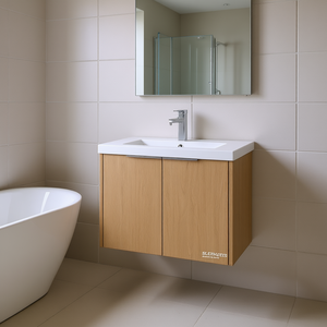 Meuble de salle de bain 24 pouces en chêne imitation, portes à fermeture douce, vasque murale, design contemporain - Product Image 2