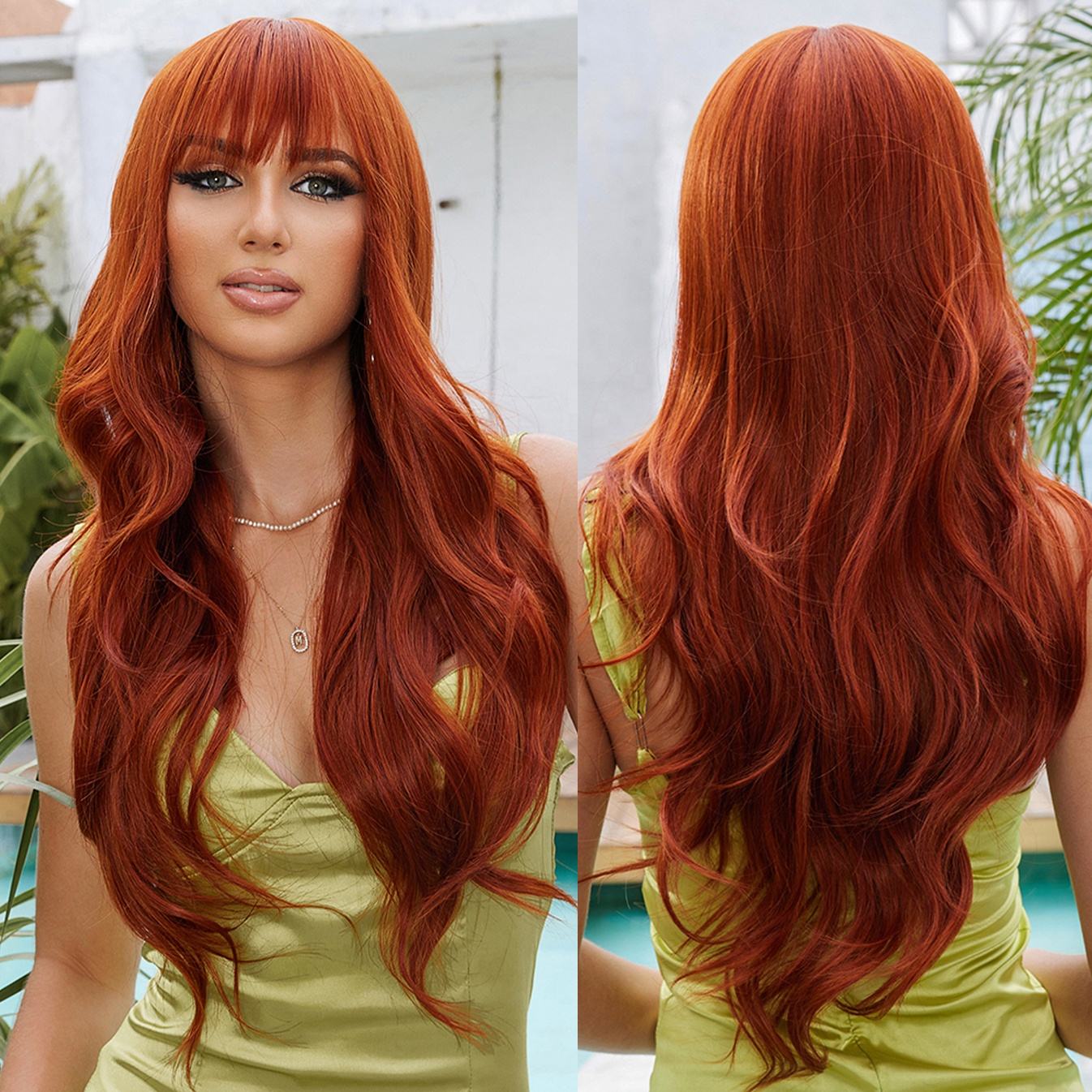 Factory Fast Shipping 28 Inch Curly Hair Big Wave Wig Red Brown Bangs  Artificial Hair Soft High Temperature No Glue