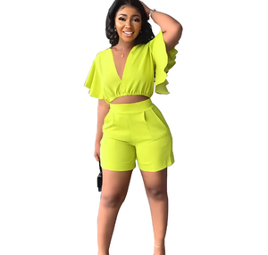 STOCK 8 couleurs jogger <span class=keywords><strong>de</strong></span> sport pour femmes couleur unie à volants recadrée col en V cordon Shorts gilet décontracté deux pièces dames ensemble - Product Image 1