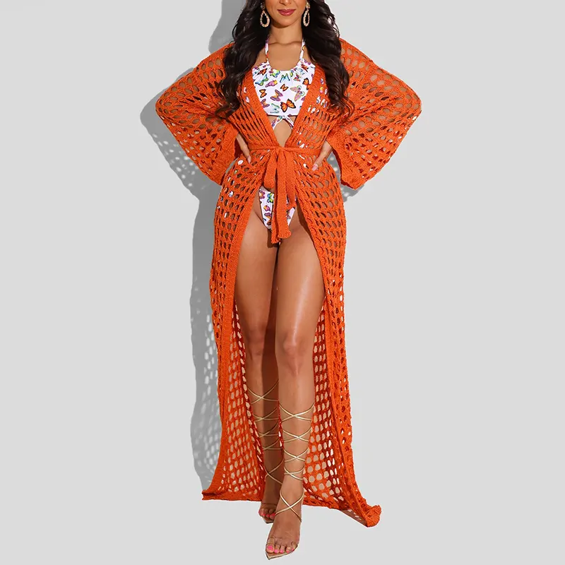 Summer Autumn Hollow Out Ladies Long Kimono Net Mesh Swimsuit Cover Ups Plus Size Knitted Cardigan