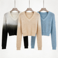 Pull court en maille côtelée dégradé blanc et noir, style coréen, col en V, coupe ajustée, pour femme, collection automne