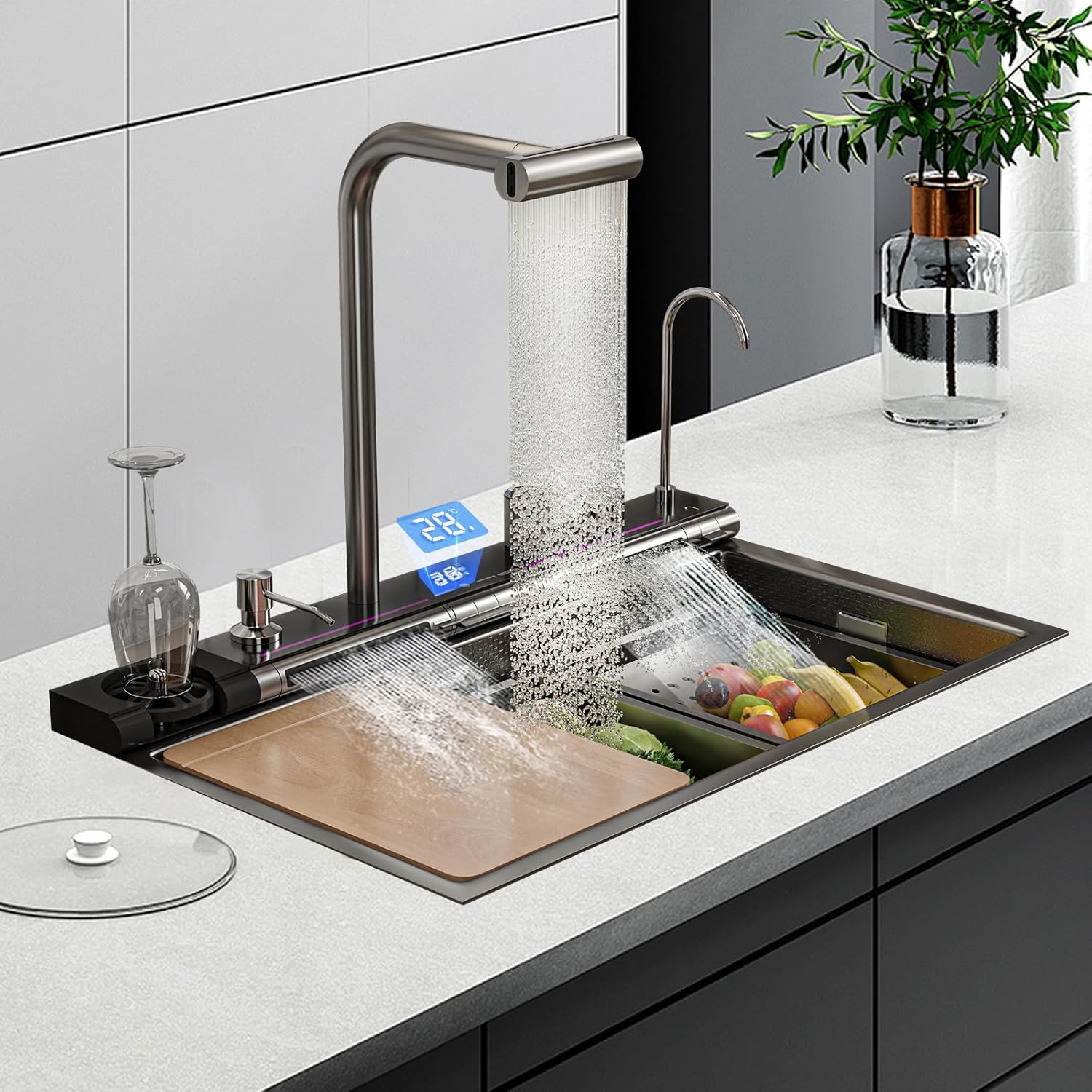 Digital Smart Kitchen Sink With Dual Waterfall-Stainless Steel Double Bowl Apron Front Workstation Pull-Faucet Soap Dispenser