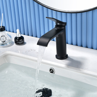 Robinet de salle de bain cascade à canal ouvert noir mat, corps rond, levier plat, montage sur plan, mitigeur de lavabo monotrou
