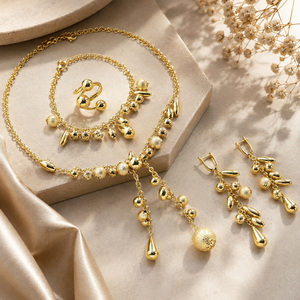 Bulk Textured Bead glamorous pendant necklace fashion drop earrings bracelet fine rings 18k gold plated fashion jewelry set - Product Image 4