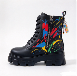 Bottes mi-mollet pour femmes, imprimé peinture colorée, fermeture éclair latérale, lacets, plateforme épaisse - Product Image 3