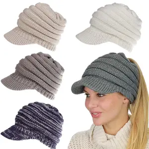 Mode doux tricot nouveau hiver automne chapeau femmes filles Stretch Crochet queue de cheval bonnet chapeaux avec visière
