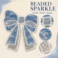 Applique en jean bleu à longue queue avec nœud, perles, perles de rocaille et paillettes, brodée à coudre, pour la décoration DIY de robes, vestes et sacs