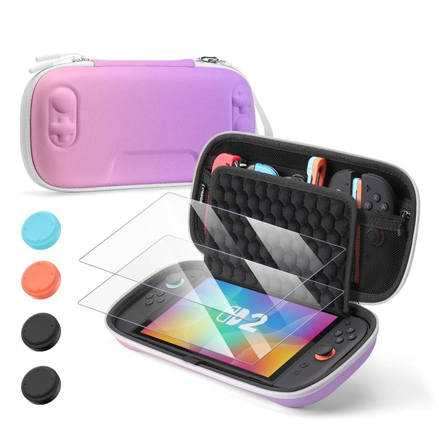 Switch Case for Nintendo Switch 2 with 10 Game Cards Storage, 2 Screen Protectors, 2 Pairs Thumb Grip Caps