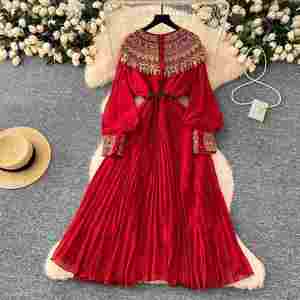 Vestido Midi Plisado Casual Transpirable de Tela Sostenible Primavera 2025 para Mujer, Estilo Túnica Romana con Corte Imperio, Patchwork, Lentejuelas y Encaje, Línea A - Product Image 4