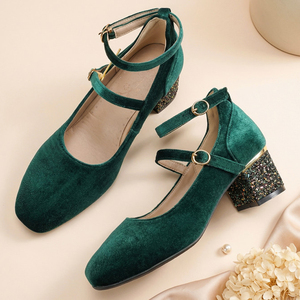 Low Chunky <b>Glitter</b> Heels Women Square Toe Shoes Basic Big Size 45 Dress office Shoes Double Strap Buckles Suede Working Pumps - Product Image 6
