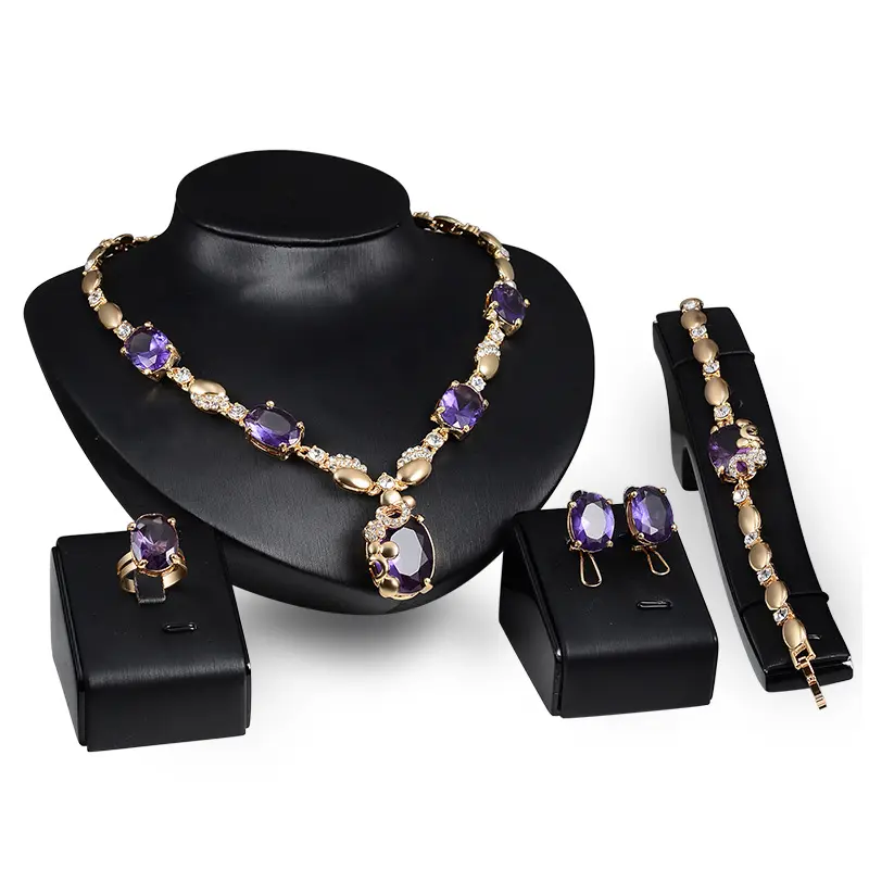 Bijoux ovales violets en zircone, ensemble de 4 pièces, collier, boucles d'oreilles, bracelet, bague, parure de bijoux de mariée