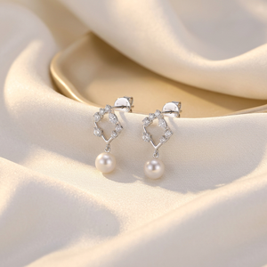 Hong Kong Supplier Luxury 18K White Gold Hollow Square Marquise Cut Natural Diamond <b>Dangle</b> Pearl Drop Stud <b>Earrings</b> For Women - Product Image 3
