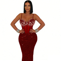 Robe de soirée sirène à sequins, élégante, ajustée, avec bretelles, strass et dentelle transparente, idéale pour les anniversaires et les bals de promo