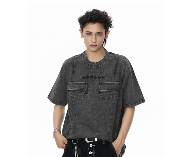 Penpace Garment High-street American-style Heavyweight Workwear O-Neck T-shirt Men Embroidered Pocket Design-forward