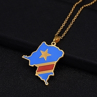 Pendentif Carte de la République Démocratique du Congo avec Drapeau Coloré Or/Argent, Colliers RDC Kinshasa, Bijoux Ethniques