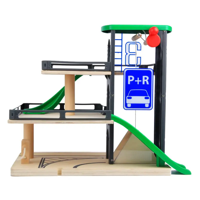 Simuladas de madera de tres plantas ascensor coche juguetes del parque de madera montado niños coche de pista conjunto