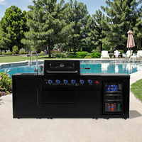 Barbecue à gaz en acier inoxydable de qualité supérieure à 4 brûleurs, cuisine extérieure de jardin avec réfrigérateur noir, armoire et évier