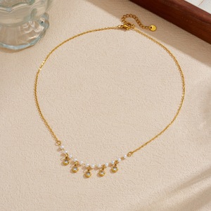 Faux Pearl Chain Necklace Gold Plated Bezel Set Crystal Everyday Wear - Product Image 3
