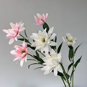 Bouquet de fleurs artificielles en soie, 3 têtes, magnolia blanc et rose, décoration de mariage, décoration intérieure, haute simulation, branche unique - Product Image 1