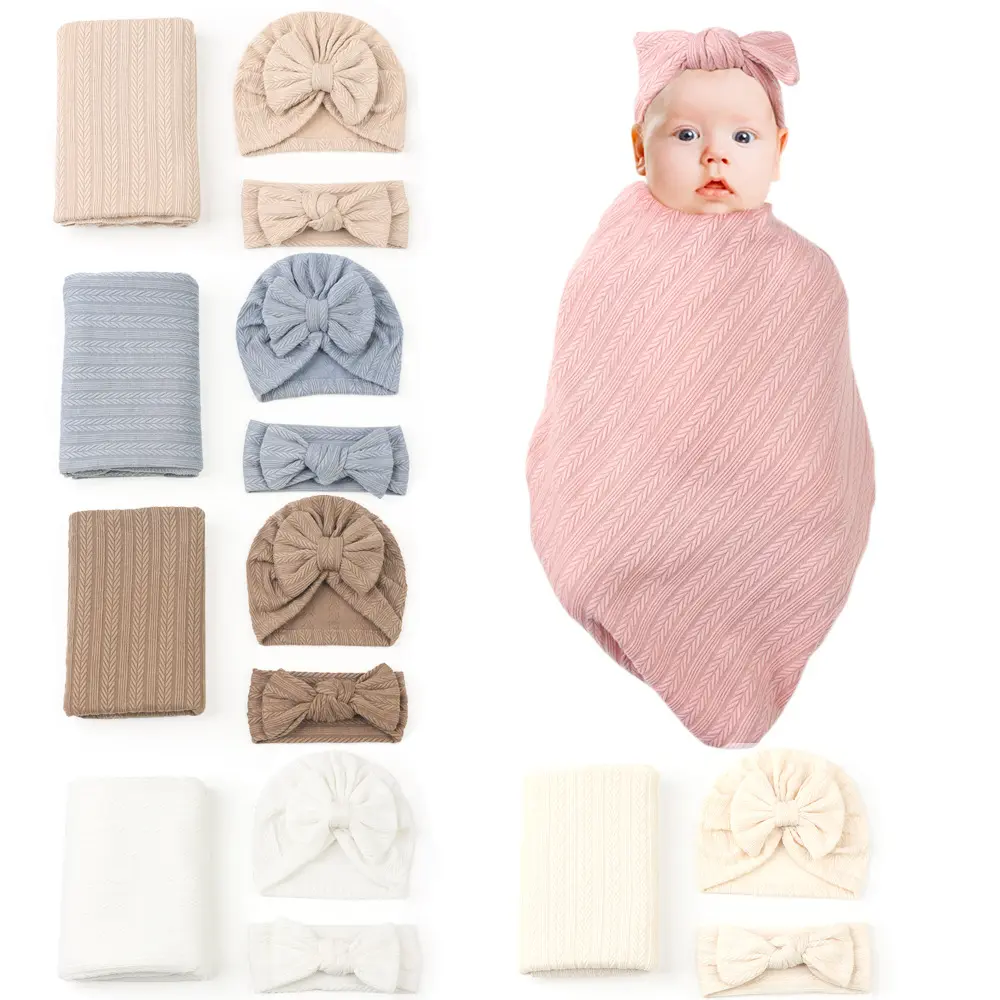 Respirável Personalizado Swaddle Hat Headband Baby Ribbed Infant Swaddle Blanket Newborn Baby Gift Set